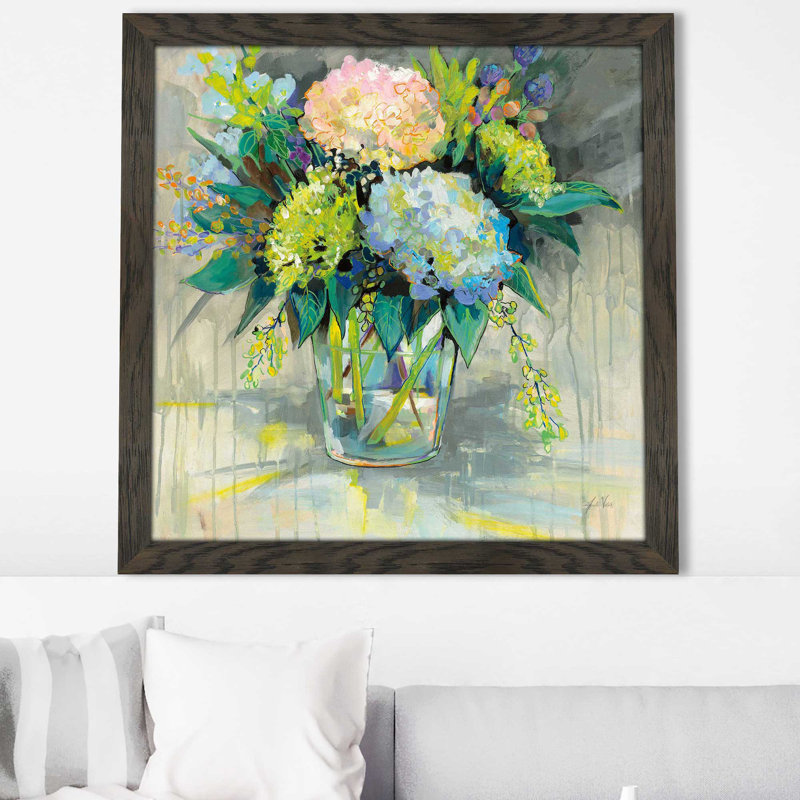Hortensias du jardin - Peinture, Cadre chocolat patiné, H 31,5 po x l 31,5 po x P 1 po