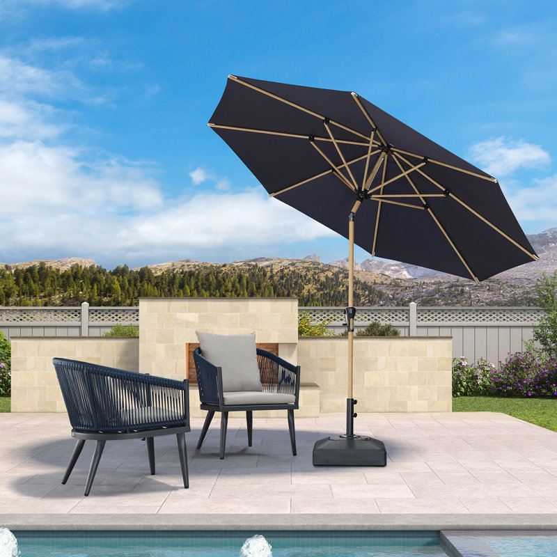 Parasol pour patio 8 pieds avec base et parapluie bleu marine pour l'extérieur avec manivelle et 8 baleines, Marine