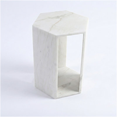 Natural White Marble Hexagon Side Table – Honed Matte Finish Stone Pedestal – Modern Minimalist Drink Table for Living Room & Bedroom (16cm x 40cm / 6.3" x 15.7")