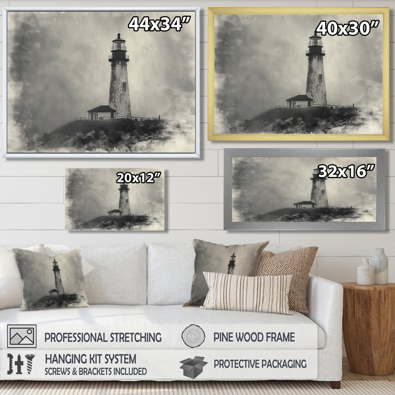 Reproduction d'art mural rétro phare brouillard d'hiver, H 30 po x l 40 po x P 1,5 po, Cadre simple noir