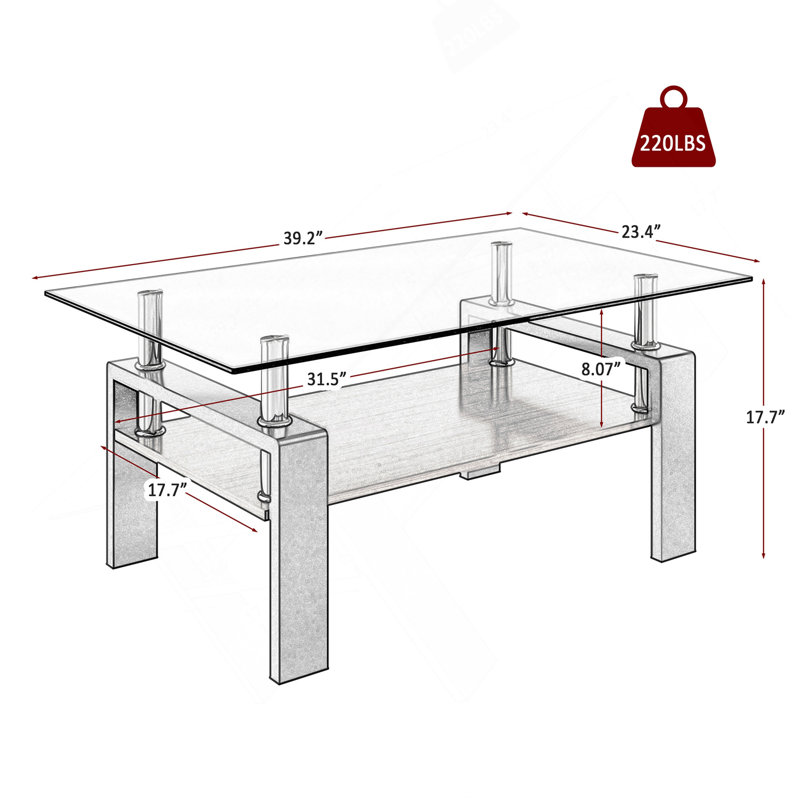 Table basse rectangulaire, plateau en verre trempé avec panneau de fibres à densité moyenne, table moderne pour le salon, verre gris