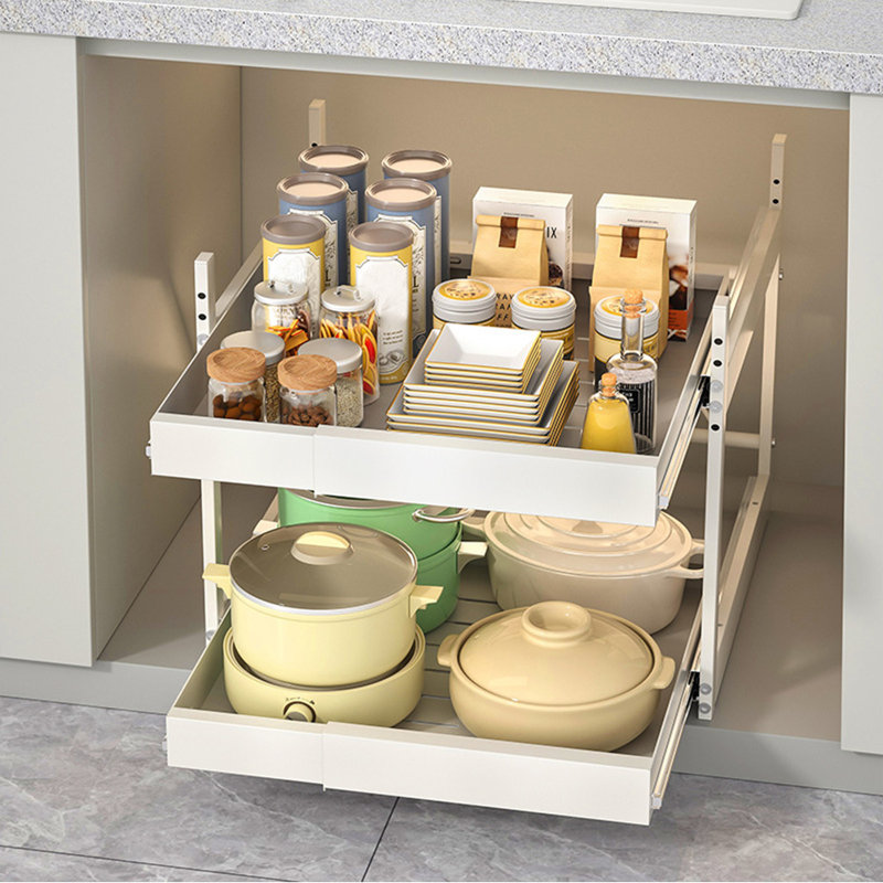 Expandable Pull Out Cabinet Organizer Adhesive, 2 Tier Carbon Steel Pull Out Kitchen Storage, Adjustable With Slide Out Drawers