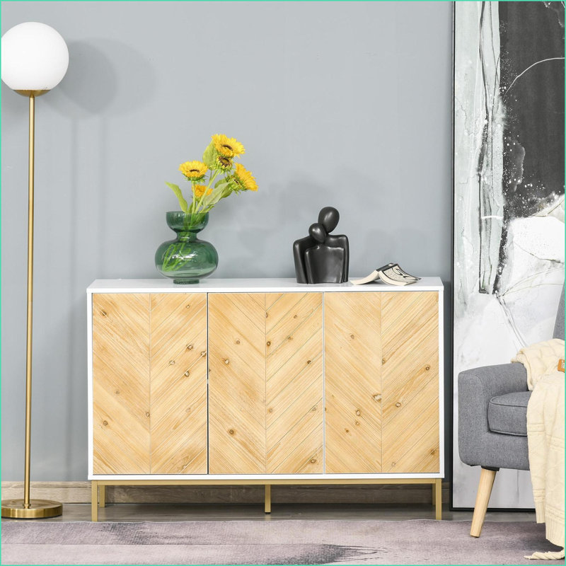 Sideboards Buffet Cabinet, Modern Natural Wood 3-Door with Chevron, Adjustable Shelves | MDF+Steel
