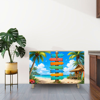 Sideboard Buffet Cabinet with Storage Colorful Wooden Direction Signpost Tropical Beach Palm Trees Ocean with 2 Doors for Living Room and Kitchen