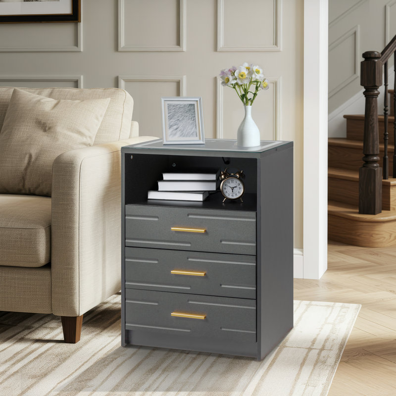 Table de chevet à DEL avec chargement sans fil, plateau en verre à écran tactile, lumières réglables et 3 tiroirs - table de chevet intelligente pour la chambre à coucher, gris