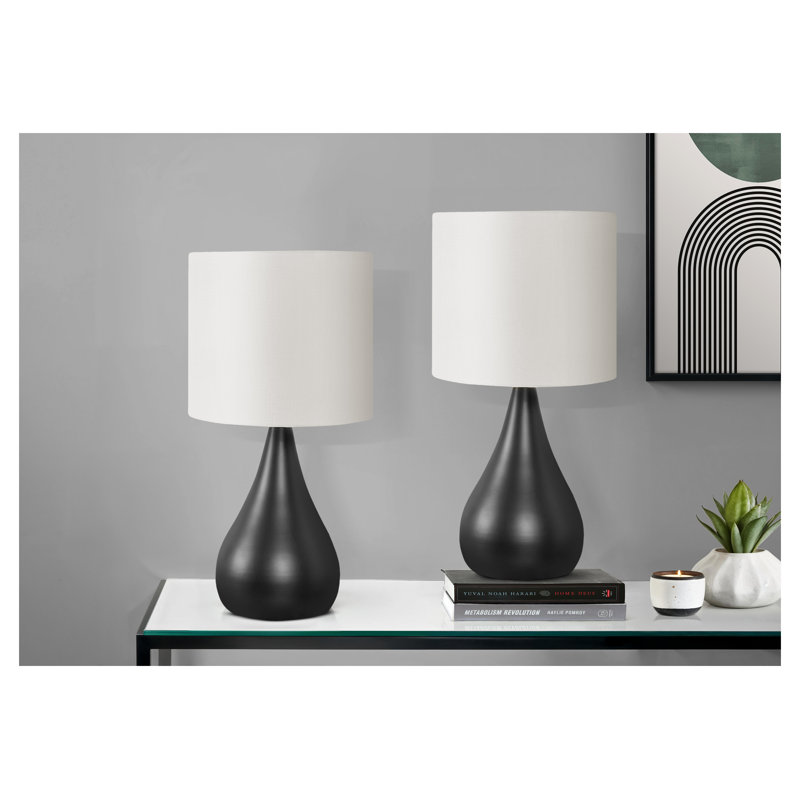 Lampe de table, éclairage, ensemble de 2, H 18 po, métal noir, abat-jour ivoire / crème, contemporain