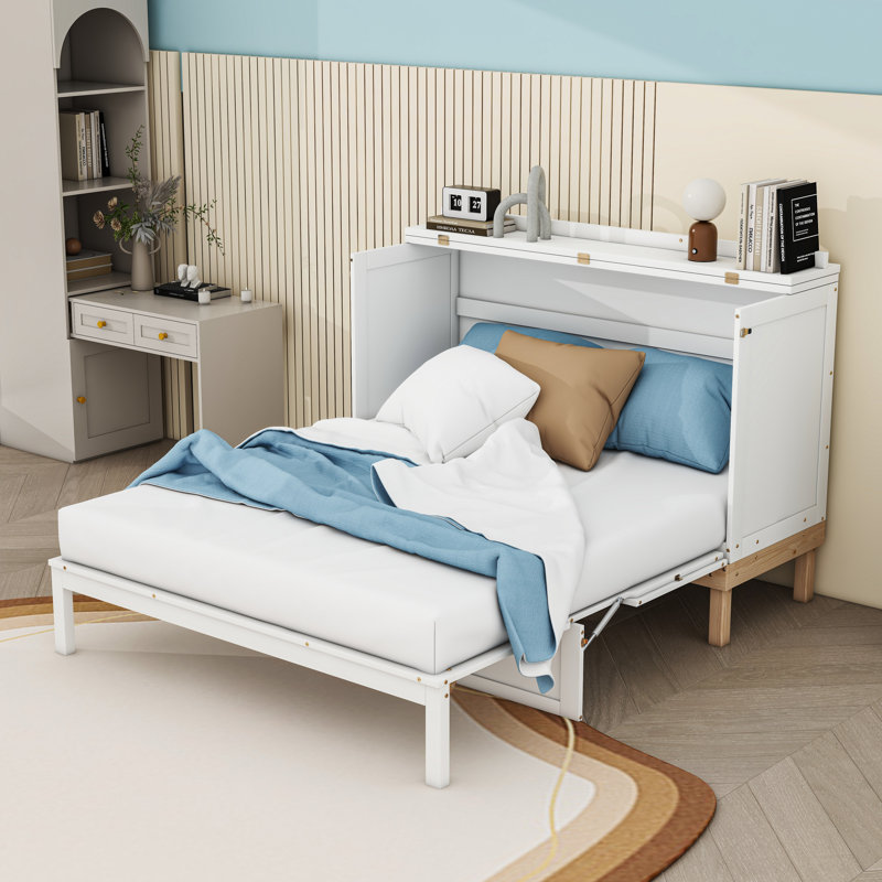 Grand lit escamotable en bois avec lattes, Blanc