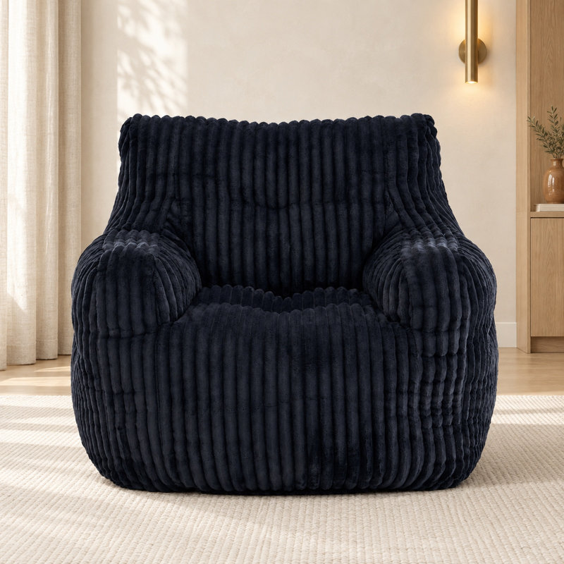 Fauteuil à billes en peluche de taille moyenne pour adulte avec rembourrage en mousse, Velours côtelé noir