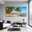 Palmiers, plage tropicale, palmiers, océan, ciel, sable, coucher de soleil, vibrations, ensemble de 3 impressions sur toile-999210026