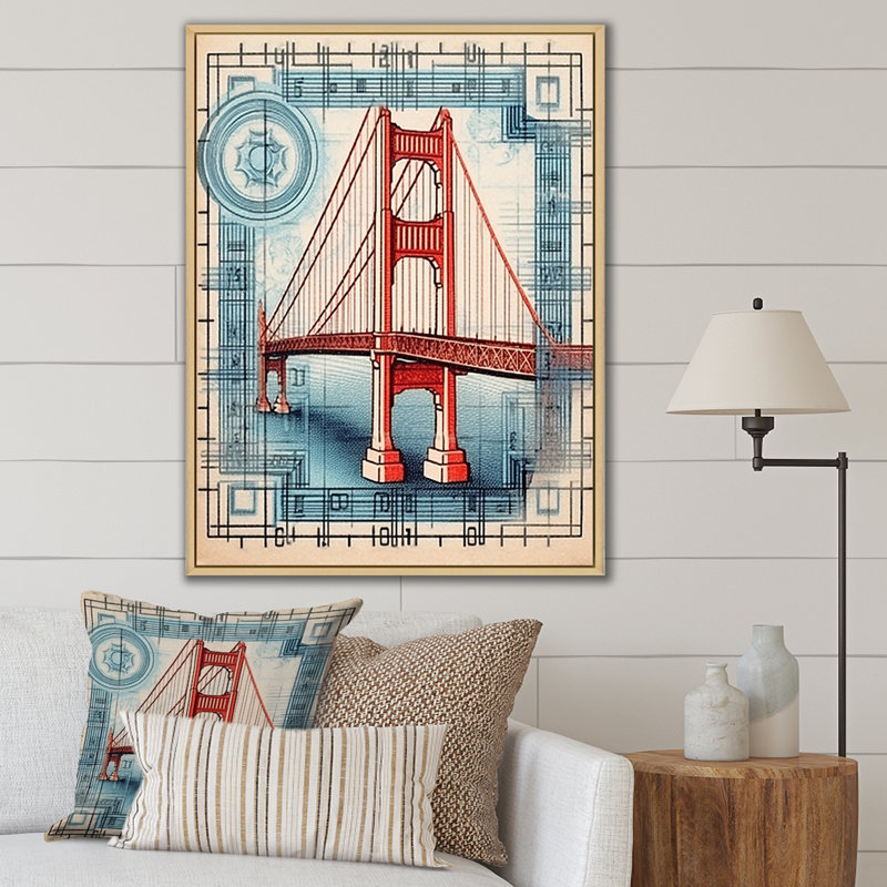 «Golden Gate San Francisco Retro Illustration I», reproduction sur toile, 32" H x 16" W, Cadre naturel flottant