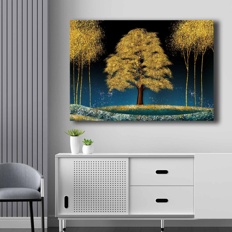 Stunning Decorative Canvas Painting, 27.6 x 39.4 inches | 100% Canvas, Thickness: 0.1 inches | Framed with 100% Pine Wood, Thickness: 0.9 inches | Elegant Blue, Navy Blue, Gold & Brown Colors, Perfect for Home Décor