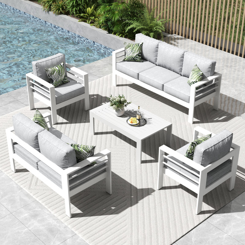 Alturas Standalone Product 5 Piece Sofa Seating Group with Cushions, White Frame/Gray Cushion