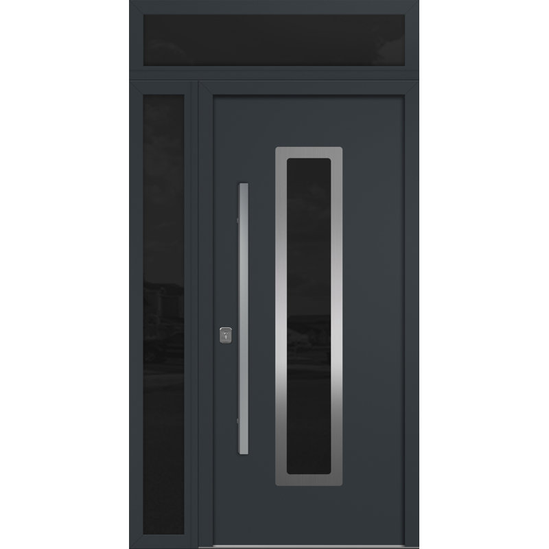 Porte d'entrée extérieure moderne en acier 36 po x 80 po - Inox SI avec éclairage latéral et traverse, Gris