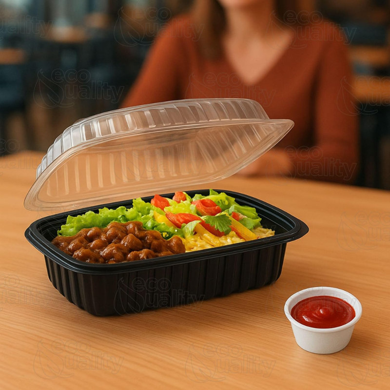  Contenant à charnière 26 oz noir à charnière 9 x 6 x 3 pouces avec couvercle transparent jetable pour emporter, restaurants, préparation de repas, traiteur, livraison (20)