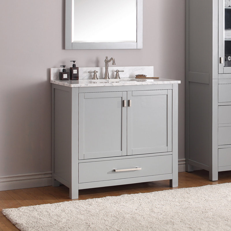 Modero 36" Single Bathroom Vanity with Top, Carrera White Marble, Chilled Gray, Brushed Nickel