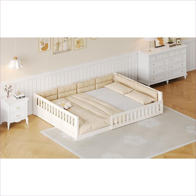 Bedroom Full Size Upholstered Platform Bed, Solid Wood Construction Beige-toned With Guardrail and Pillow