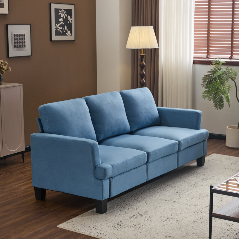 83.5" Upholstered Square Arm Suede Sofa, Blue