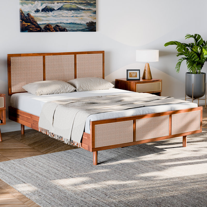 Arnitra Solid Wood Platform Bed With Rattan, Queen