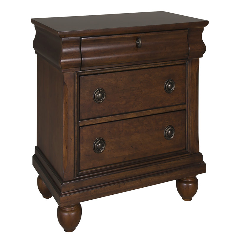 Lenny 3 Drawer Nightstand, Rustic Cherry