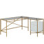 Bureau en L avec finition blanche, design moderne et plateau en verre élégant, surface spacieuse pour les accessoires d'ordinateur portable, bureau à domicile, bureau ou bureau, deux tiroirs avec glissières d'extension, tablette ouverte
