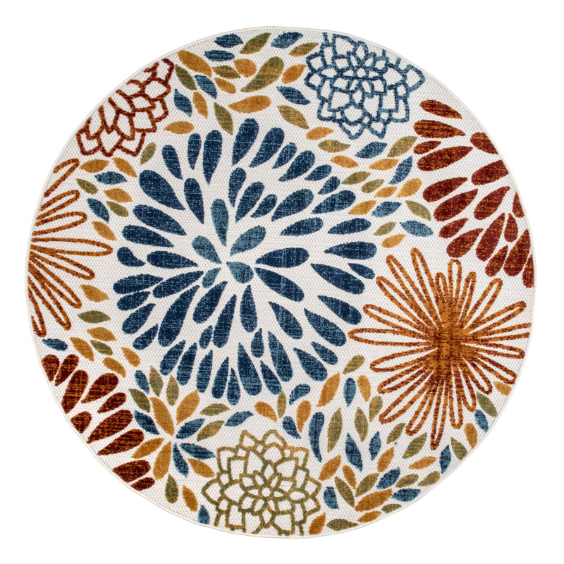 Weyland Floral Power Loom Blue/Orange Indoor/Outdoor Patio Rug, Round 8'