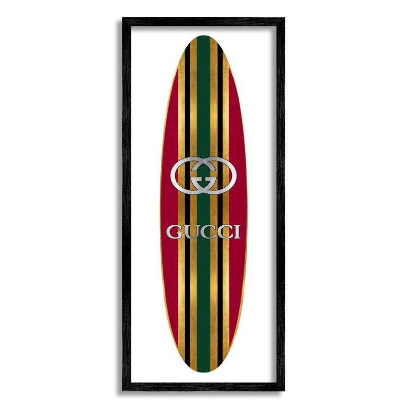 Motif de planche de surf rouge et vert avec logo du designer, L 10 po x H 10 po, Giclée encadrée noir minuit