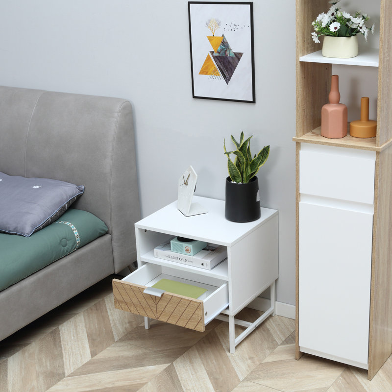 Bedside Table with Drawer, Nightstand with Shelf & Metal Base, White