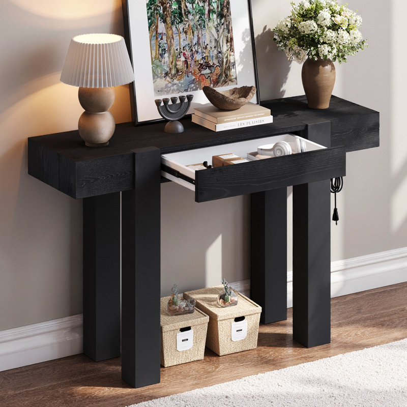 Console rustique minimaliste - tiroir caché, prise de courant latérale, profil mince de 13,4 po, Noir