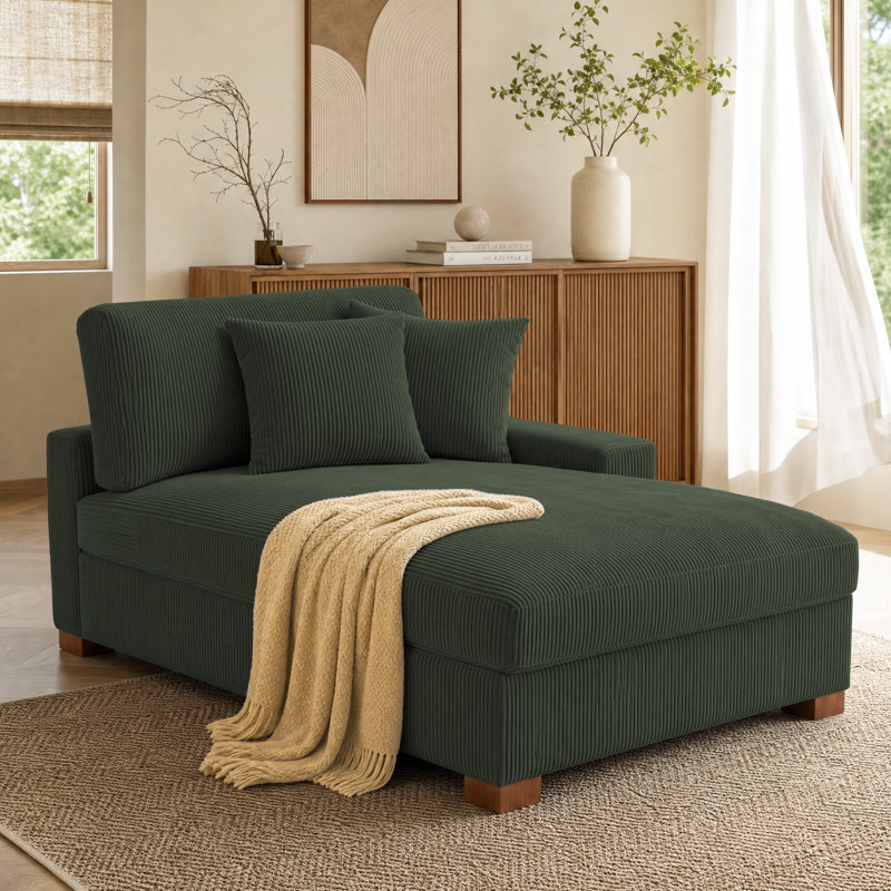 Chaise longue surdimensionnée en velours côtelé vert avec accoudoirs et coussins Milbrey, Face à la droite, Velours côtelé