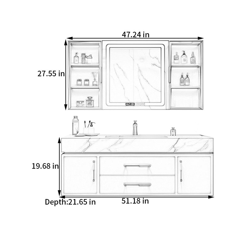 Modern rock slab integrated basin bathroom cabinet, 19.68" H x 51.18" W x 21.65" D
