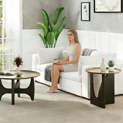 30 Inch Round Brushed Gold Tray Top Living Room Table Set With End Tables And Solid Walnut Cross Base