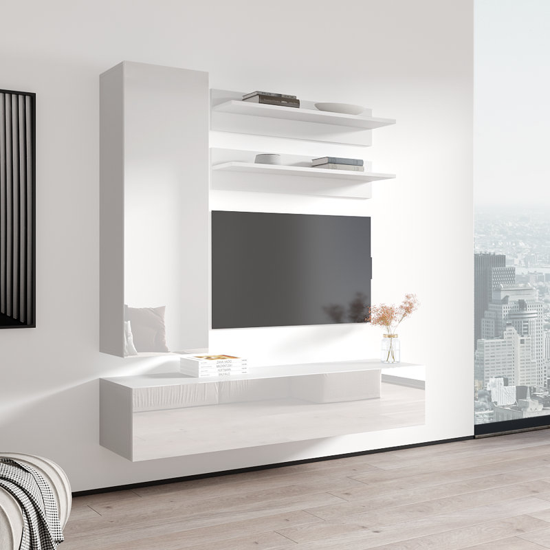 Wachter 63" Modern Floating Wall Mounted Entertainment Center with 16-Color LED Lighting, High Gloss Finish, White