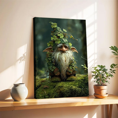 Gnome des bois avec des feuilles de trèfle, art fantastique des bois moussus, grande toile tendue sur châssis, impression d'art mural pour salon ou chambre