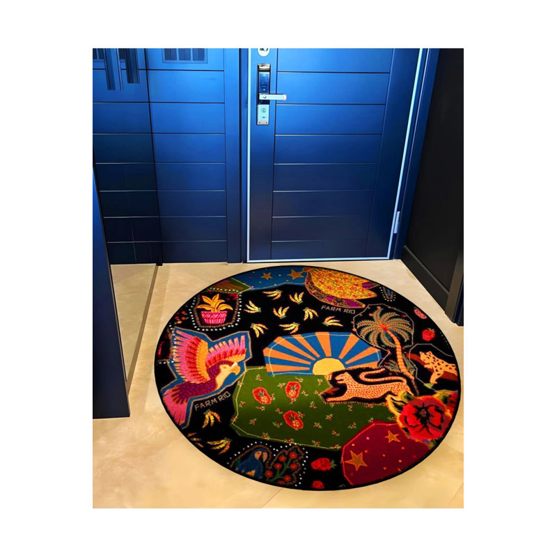 Woven Base Modern Decorative Carpet With Dark-Toned Shapes And Animals, Round 3'4"