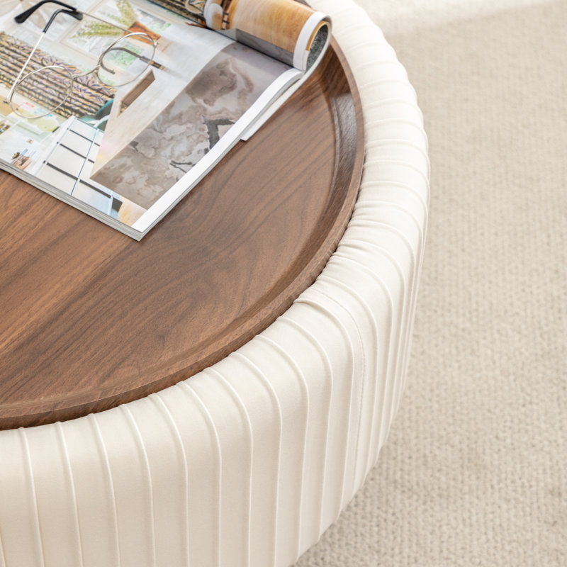Miajah Upholstered Round Storage Ottoman, Beige