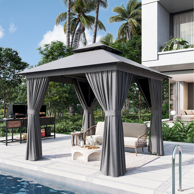Outdoor Gazebo With Double Roof, Patio Canopy With Mosquito Netting And Curtains, Suitable For Patios, Lawn And Backyard
