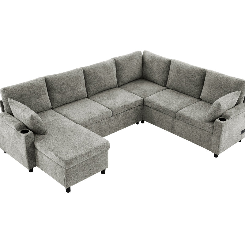 Tissu chenille avec porte-gobelets et rangement - Lit gris caché, Chenille gris pâle