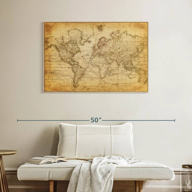 Carte du monde de l'Ancien siècle, Cadre flottant en bois naturel, 40 po x 27 po