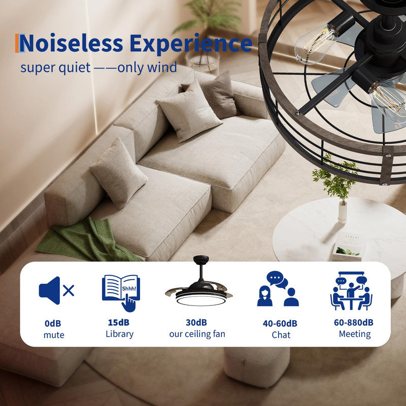 Ventilateur de plafond encastré de 20 po avec lumière, style sans pales avec télécommande, luminaire d'intérieur moderne noir campagnard et nickel brossé