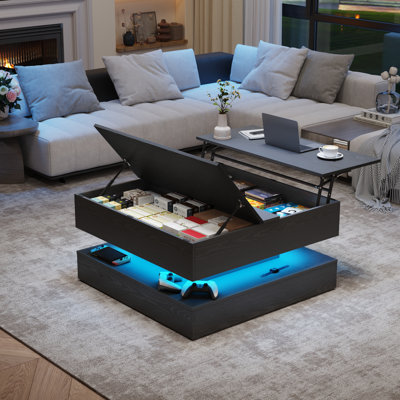 35" Lift Top Coffee Table With Flip Lid Storage, LED Square Coffee Table With Charging Port, 2-Tier Wood Centre Table With Open Storage Shelf For Living Room Home Office