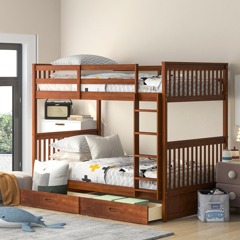 Lit superposé en noyer Twintwin avec échelles et rangement - Un choix de chambre à coucher pratique et attrayant dans un tiroir robuste