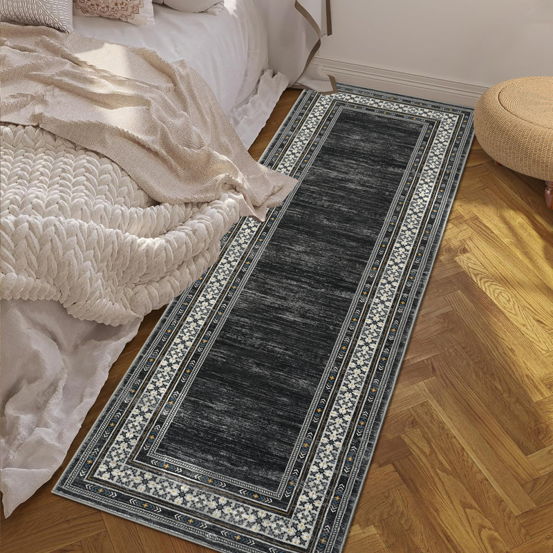 Tapis lavable à bordure moderne Tapis antidérapant pour tapis de cuisine, Noir, Tapis de couloir 2 pi x 6 pi