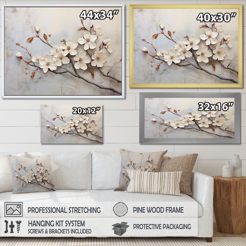 Nicholls - Fleur de pommier, art mural, salon_106419, H 30 po x l 40 po x P 1,5 po, Toile naturelle avec cadre flottant