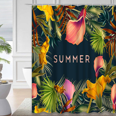 Beautiful Tropical Flowers Palm Leaves Plant Leaf Shower Curtain with 12 Hooks
