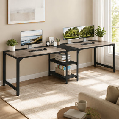 90.55" Two Person Desk, Double Computer Desk with Storage Shelves