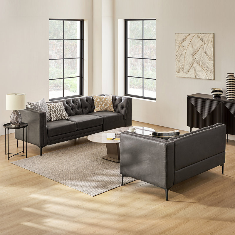 Brinna 90" Easy Wiped Faux Leather Tufted Modular Corner Sectional Sofa, Charcoal Faux Leather