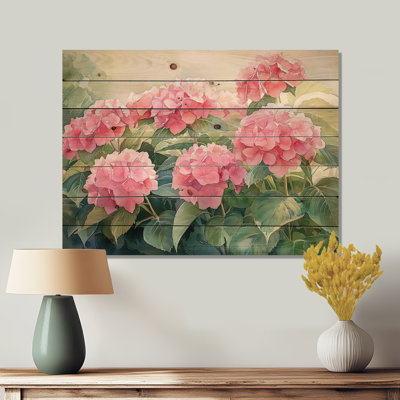 Hortensias dans un jardin d'été III - impression d'hortensias sur bois de pin naturel