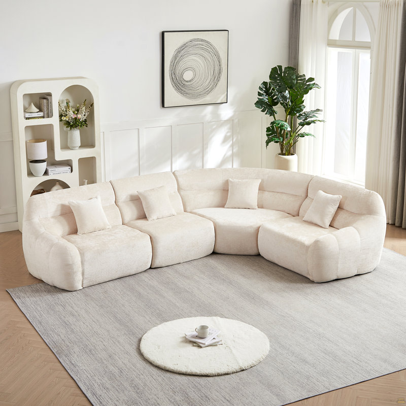 Canapé modulaire courbé 123.2, canapé modulaire en chenille nuage, quatre coussins, Beige