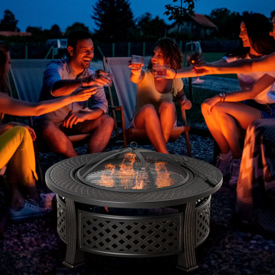 Outsunny 81cm Outdoor Fire Pit Round with Grill Net, Poker Bronze Tone