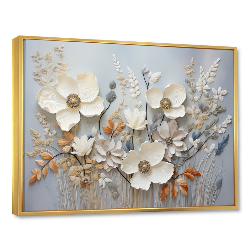 «Beige and Blue Seasonal Flowers Collage IV», reproduction sur toile, Cadre flottant doré, 24" H x 32" W